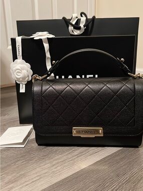 CHANEL TOP HANDLE LABEL FLAP BAG